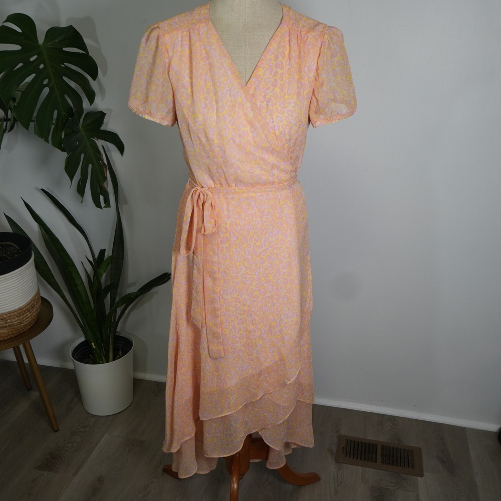 Betsey Johnson Wrap‎ Dress Women 8 Pink Yellow Animal Print Ruffle High Low Midi